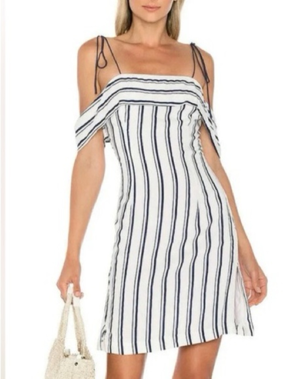 Line & Dot Striped Off-Shoulder Summer Dress in White and Navy